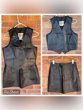 Vintage Bermans Black Leather Button Up Vest & Mini Skirt Set Sz 12 S Biker Goth